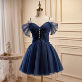 A-line Off-the-shoulder Short Prom Dress Dark Navy Homecoming Dress Cocktail Dresses lop257|Selinadress